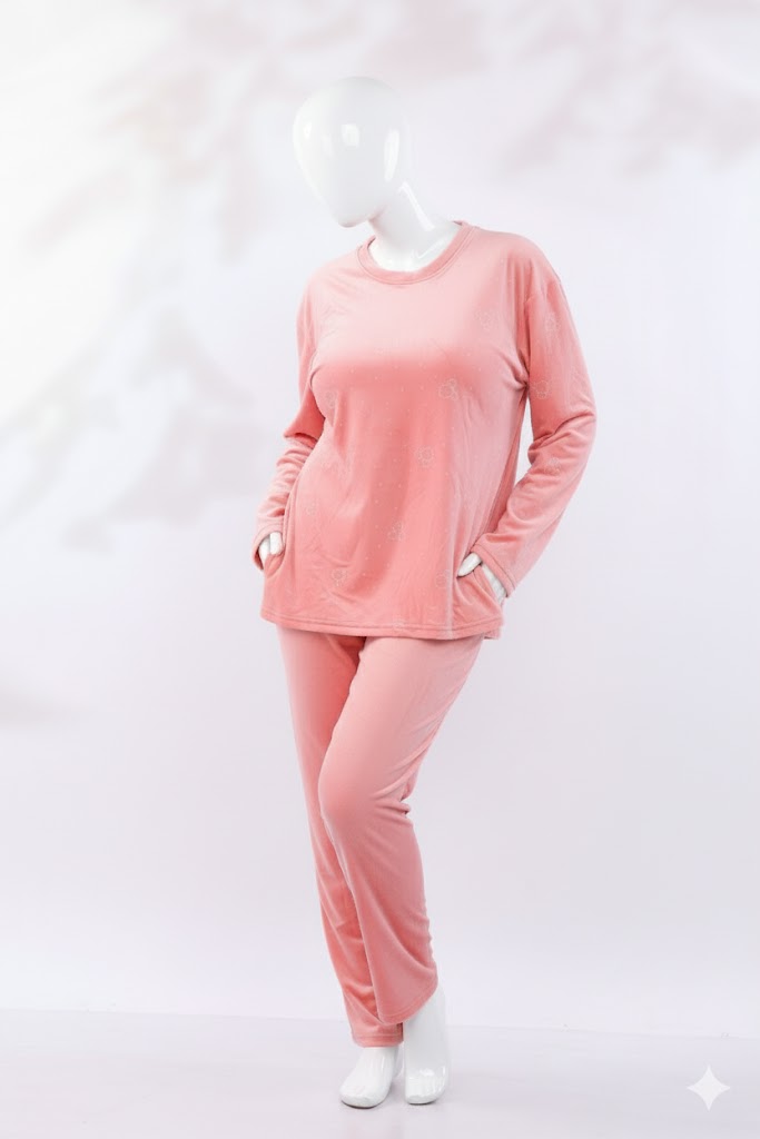 Embrace cozy comfort in this two-piece loungewear set designed for plus sizes. Made from premium imported double-sided velvet, this set features a plush, long-sleeve top and matching full-length pants, offering supreme softness and a comfortable fit for relaxing at home.