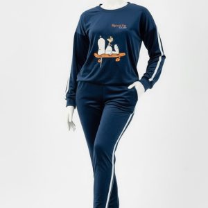 Upgrade your casual wear with this exceptionally soft two-piece set crafted from luxurious Heidi velvet. This comfortable, tracksuit-inspired pajama features a long-sleeve top with a fun graphic, matching pants with sporty side stripes, and a cozy fit ideal for relaxing.