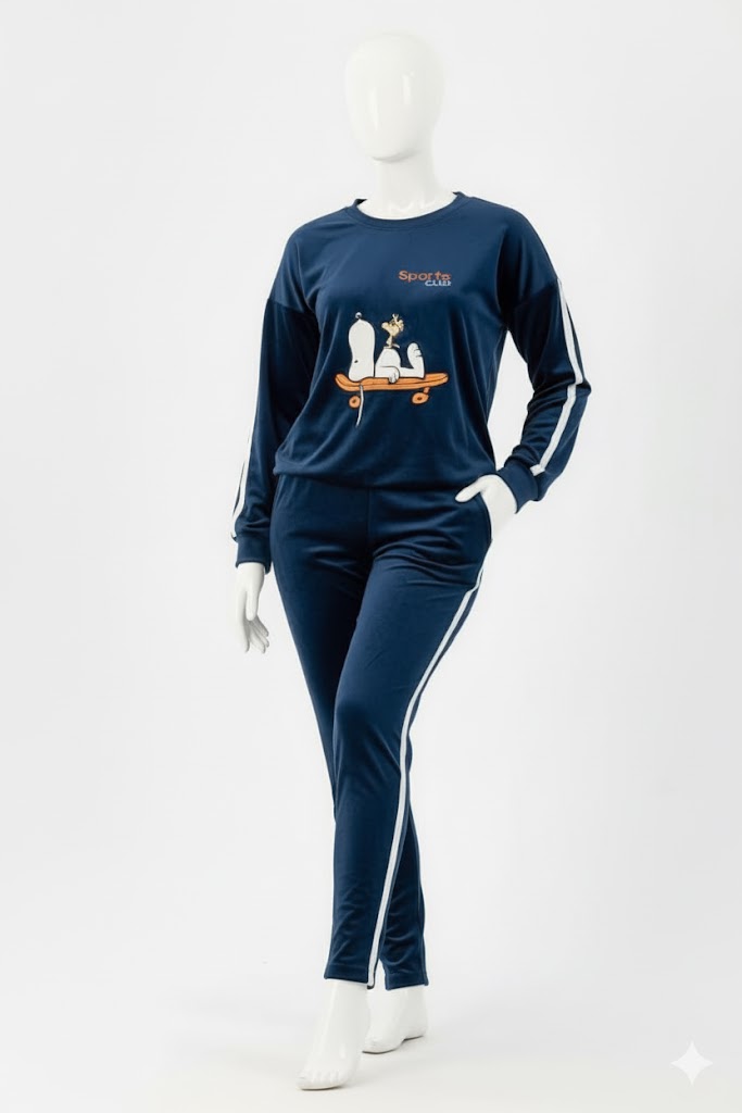 Upgrade your casual wear with this exceptionally soft two-piece set crafted from luxurious Heidi velvet. This comfortable, tracksuit-inspired pajama features a long-sleeve top with a fun graphic, matching pants with sporty side stripes, and a cozy fit ideal for relaxing.