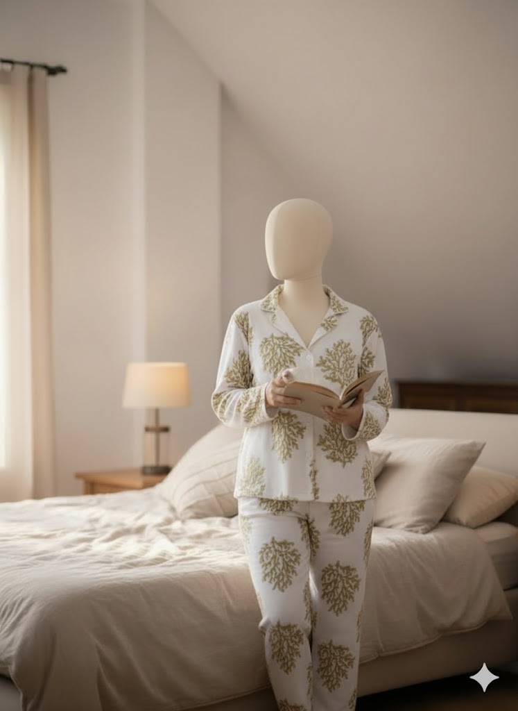 Embrace comfort in this classic two-piece pajama set, crafted from cozy imported felt fabric with a striking nature-inspired print.