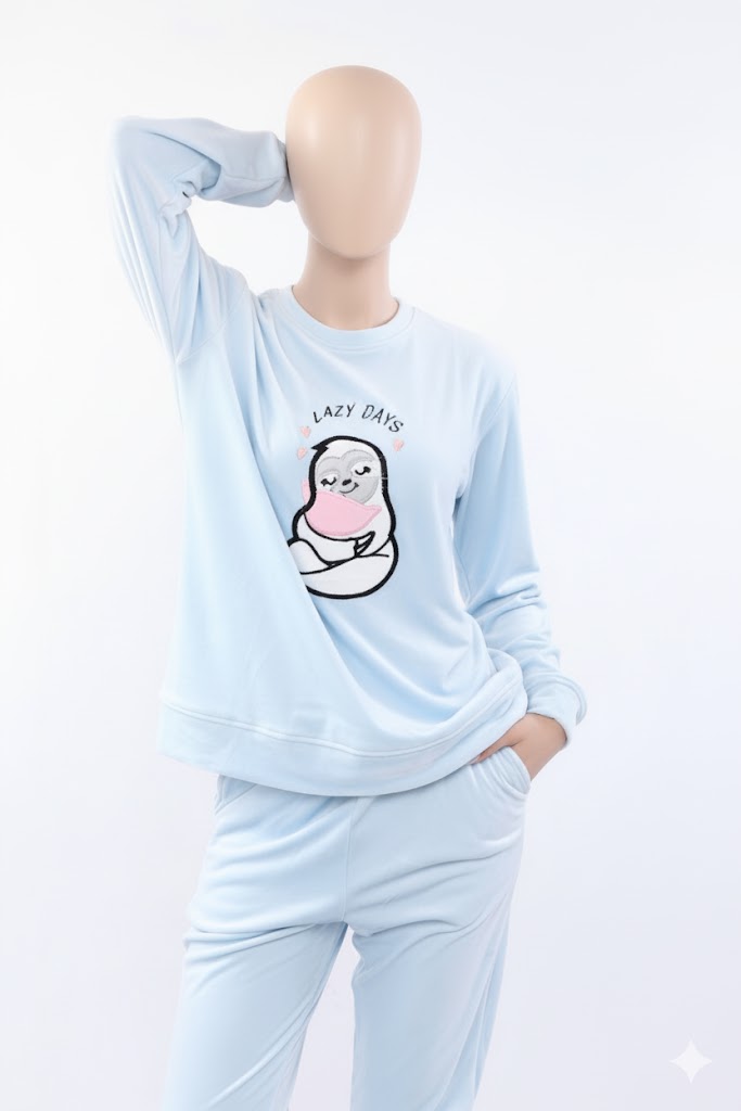 Indulge in ultimate comfort with this cozy two-piece loungewear set. Crafted from high-quality imported double-sided velvet, this pajama features a relaxed-fit long-sleeve top with a charming 'Lazy Days' graphic and matching long pants, perfect for relaxing and chilly weather.