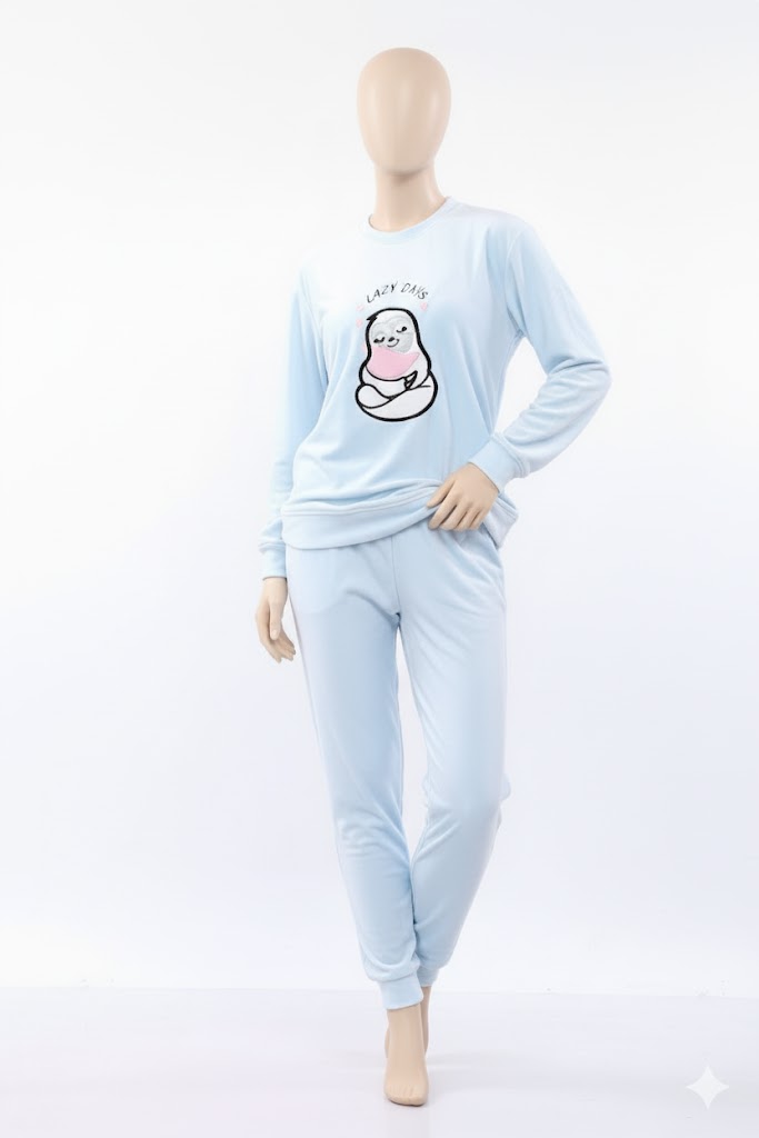 Indulge in ultimate comfort with this cozy two-piece loungewear set. Crafted from high-quality imported double-sided velvet, this pajama features a relaxed-fit long-sleeve top with a charming 'Lazy Days' graphic and matching long pants, perfect for relaxing and chilly weather.